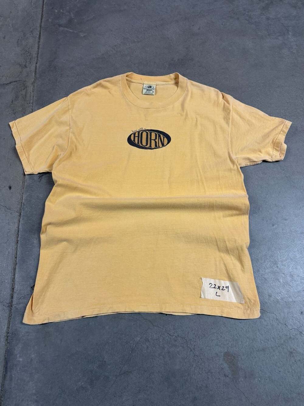 Vintage Anvil Born With A Horn Pigment Dyed Yellow Graphic T-Shirt Large
